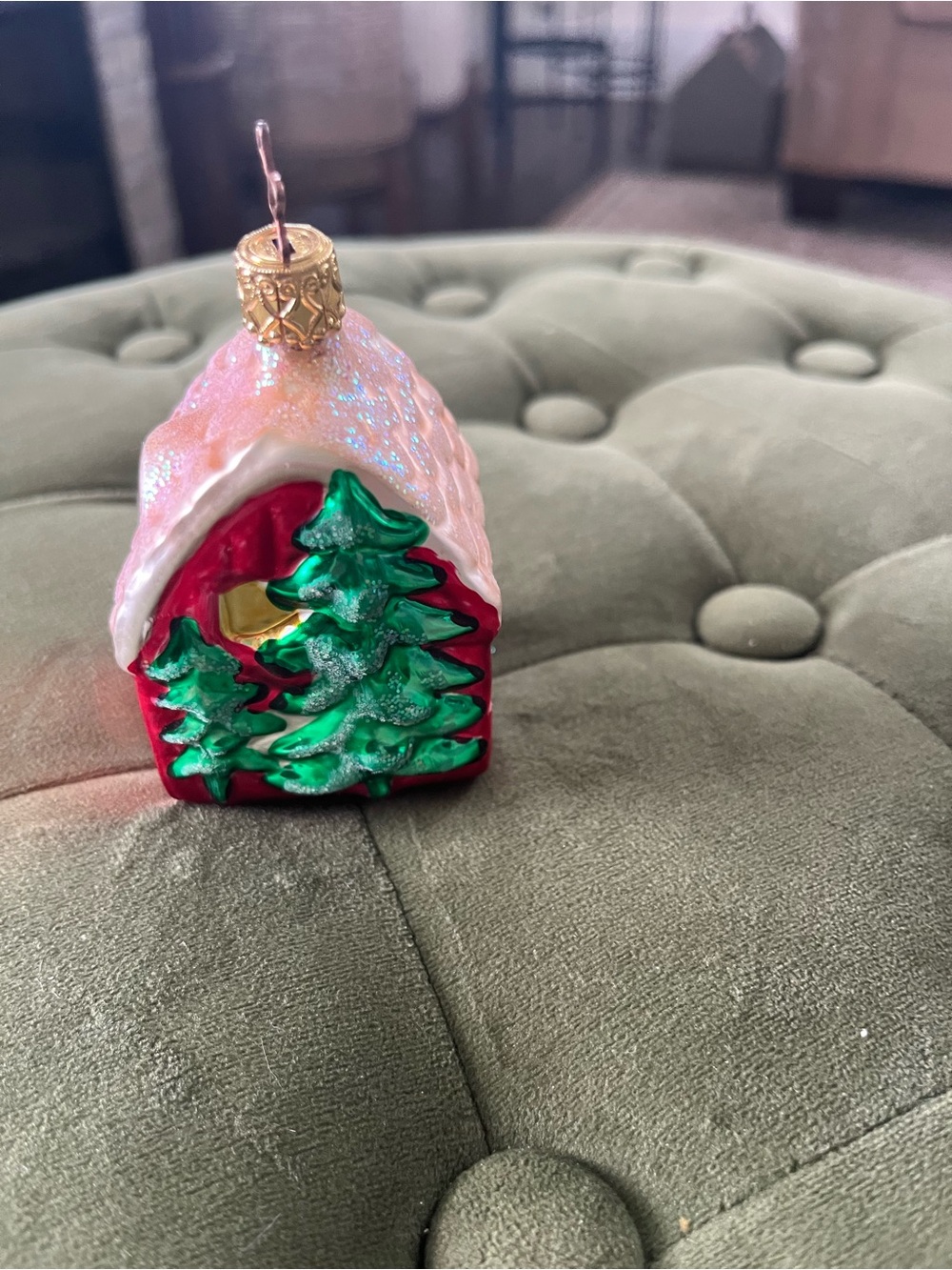 Glass Holiday House Ornament with Green Trees - Red & White